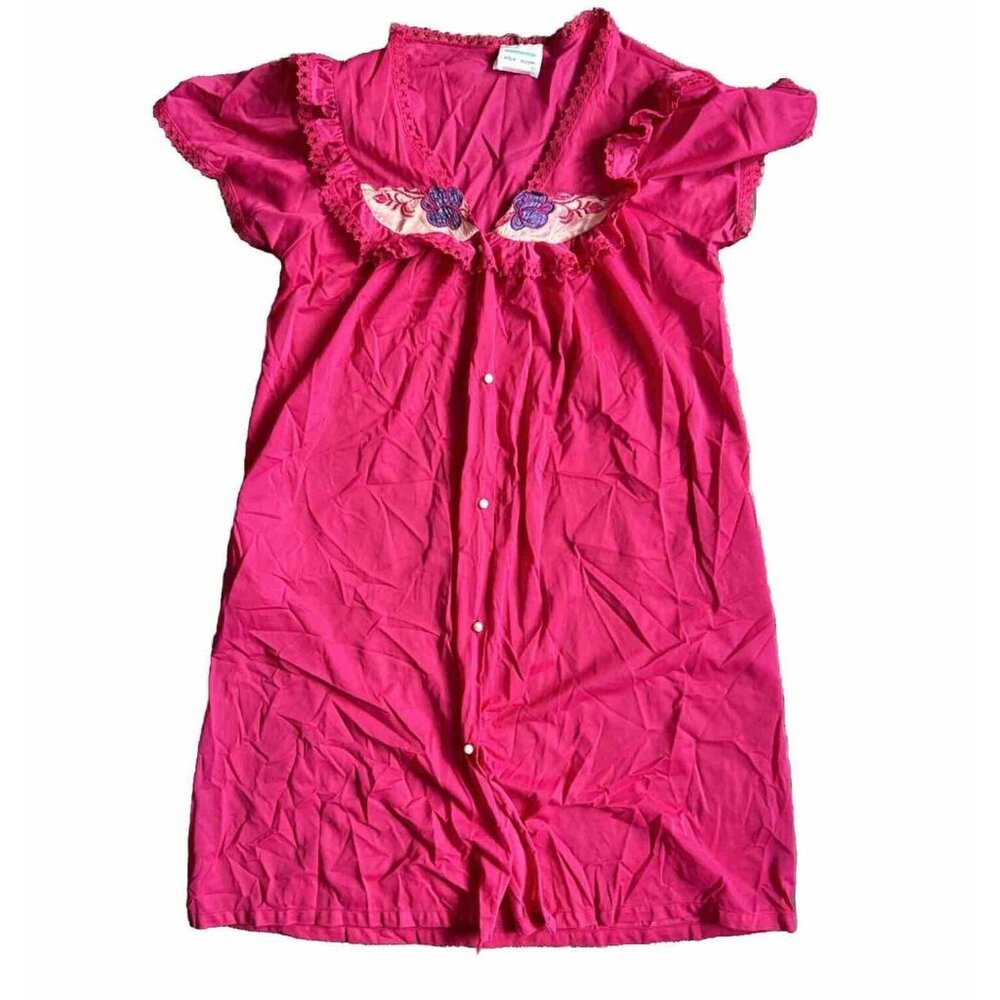 Vtg Kelly Reed Pajama Nightgown Womens L Bright Pink Nylon‎ Embroidery Ruffles